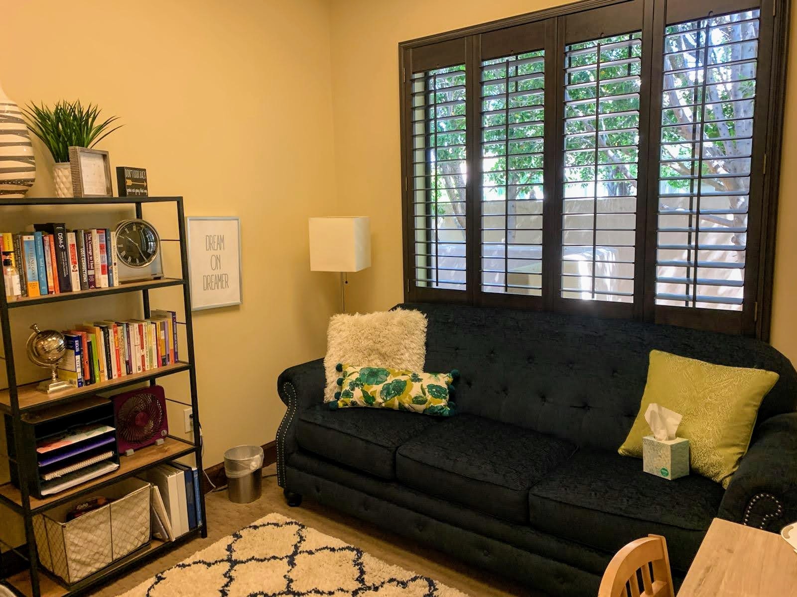 Private therapy room with cozy couch, bookshelf and natural lighting