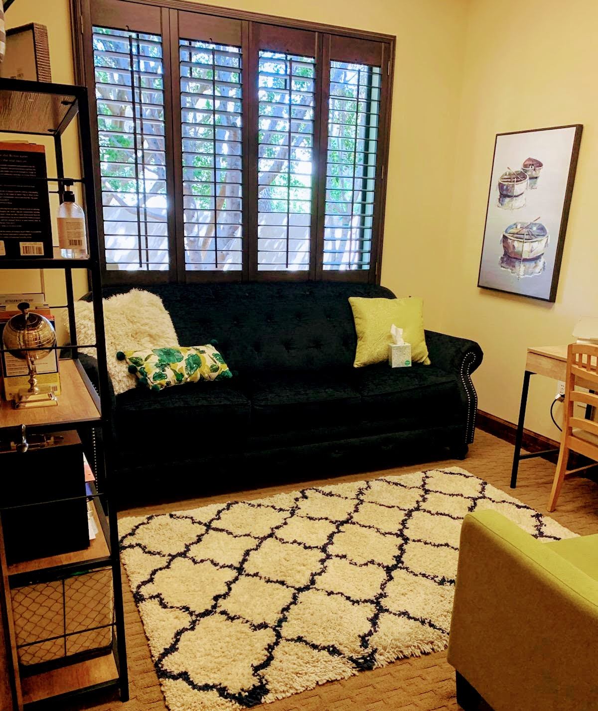 Comfortable therapy room with seating and soft natural light